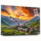 Large abstract wall art on acrylic glass depicting a serene Georgian landscape in muted earth tones.