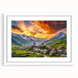 Abstract art print depicting a serene Georgian landscape in soft pastel shades on a white framed canvas.