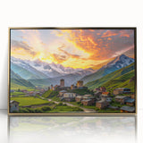 Large art print of a serene Georgian landscape in muted gold tones, framed acrylic, ideal for nursery wall decor.