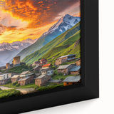 Extra large framed canvas featuring a textured, colorful Asian scenery in black, ideal for living room decor.