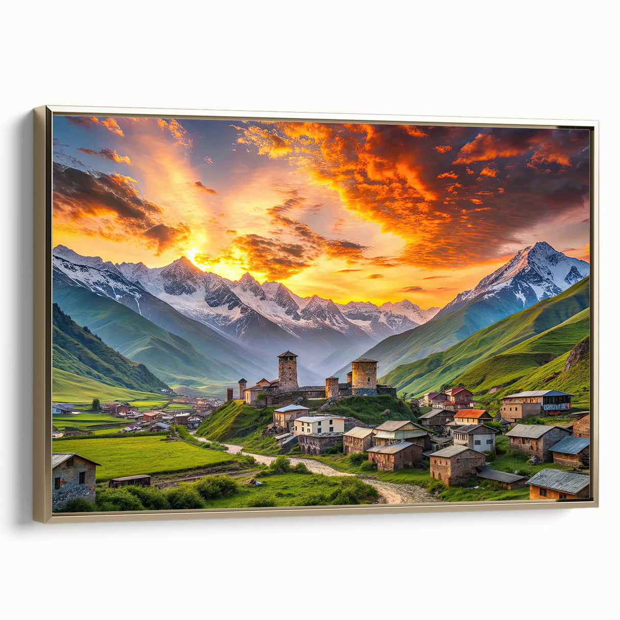 Framed canvas featuring a vintage-style landscape painting of Georgian scenery in muted gold and black tones.