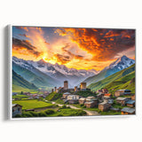 Vintage poster art of a Georgian Asian landscape on framed canvas, with vibrant colors, ideal for living room decor.