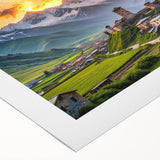 Art deco poster featuring a serene Asian landscape in muted green and blue tones on rolled canvas.