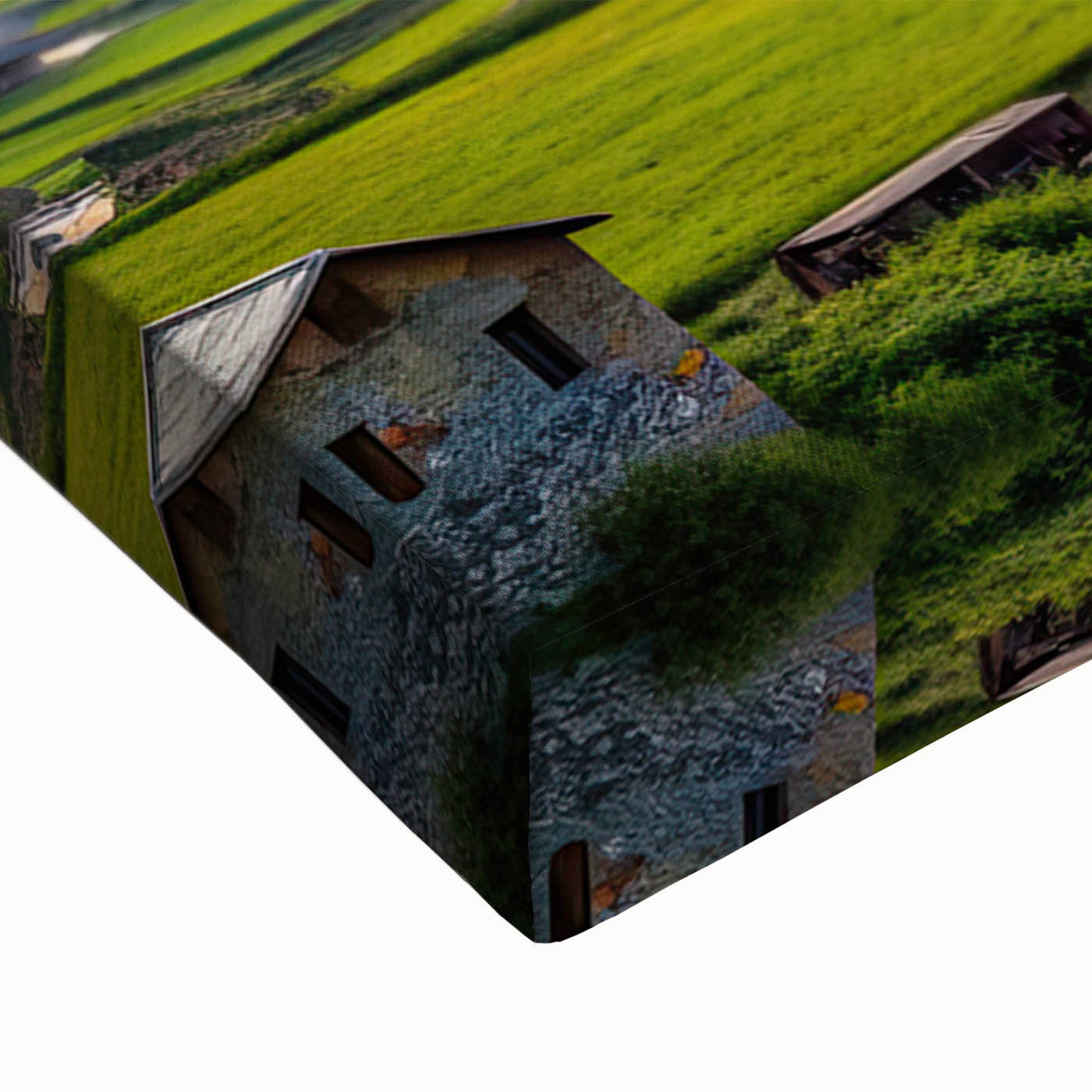 Large art featuring a black and white landscape painting of Georgian scenery on stretched canvas.