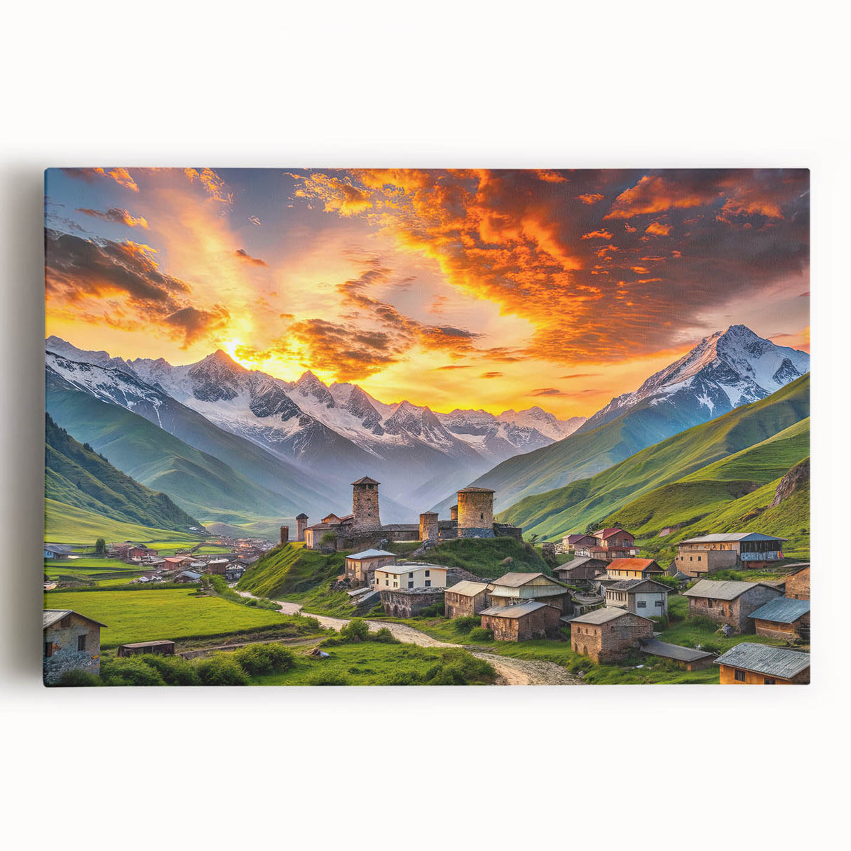 Black and white stretched canvas of a tranquil Georgian landscape, ideal for kitchen wall art.