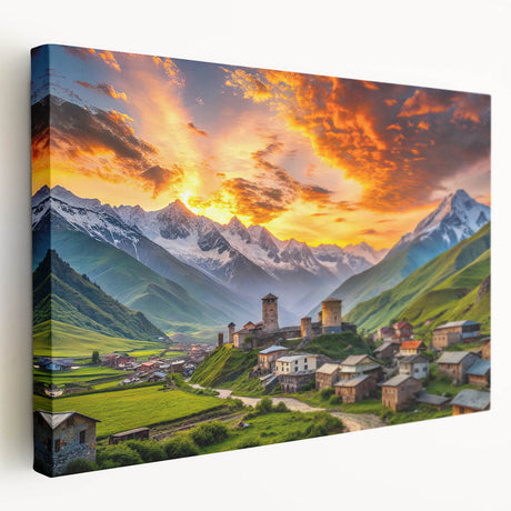 Side view of a large stretched canvas depicting an Asian Georgian landscape, with muted earth tones.