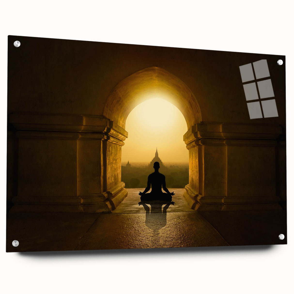 Large abstract wall art of Indian scenery in vibrant colors on acrylic glass, suitable for bedroom or dining room decor.