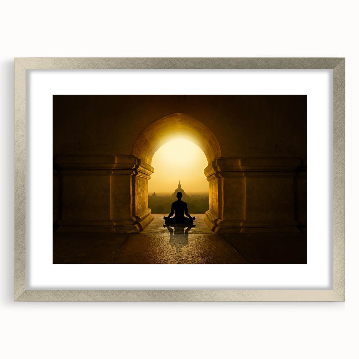 Textured abstract art print of a serene Indian landscape in muted earth tones on a framed silver mat, ideal for bedroom art.