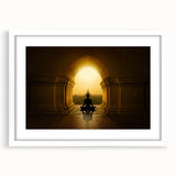 Abstract art print of a stylized Indian landscape in muted earth tones, framed with a white mat, ideal for dining room decor.