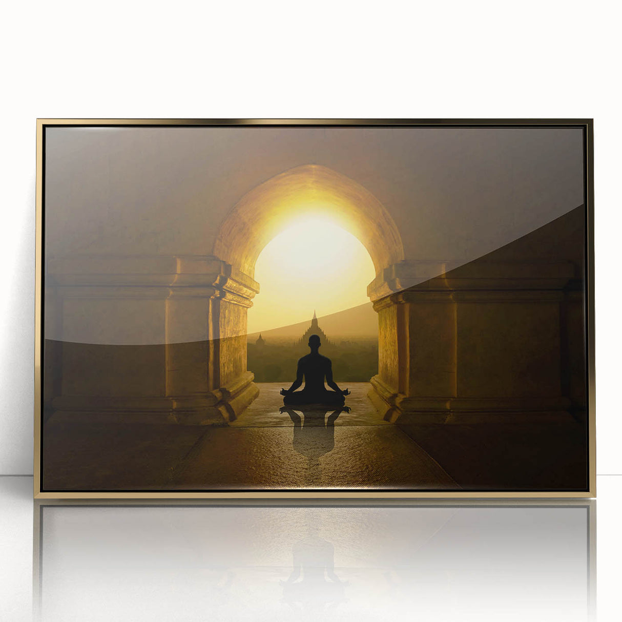 Mid-century modernist acrylic print of an Indian landscape in gold and earth tones, ideal for modern art wall decor.