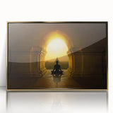 Mid-century modernist acrylic print of an Indian landscape in gold and earth tones, ideal for modern art wall decor.