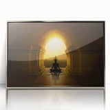 Mid-century modernist art depicting an Indian landscape in muted earth tones on a silver-framed acrylic print.