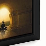 Close-up of extra large framed canvas featuring a textured, colorful depiction of a scenic Indian landscape.