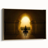 Framed canvas featuring a vintage-style Indian landscape in black and gold tones, ideal for bedroom wall art.