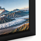 Extra large framed canvas featuring a textured depiction of an Indonesian landscape in black with colorful art accents.