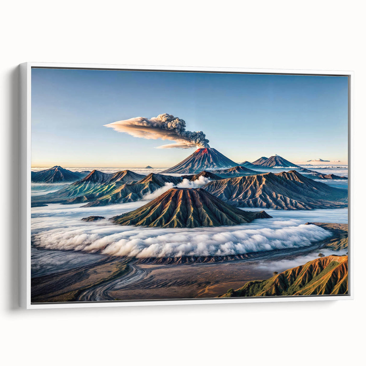 Vintage poster art of an Indonesian landscape on framed canvas, featuring vibrant colors, ideal for living room decor.