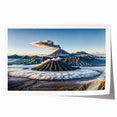 Rolled canvas print featuring a serene Indonesian landscape with lush greenery and distant mountains.