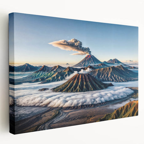 Large art of an Indonesian landscape on stretched canvas, featuring lush greens and earth tones.