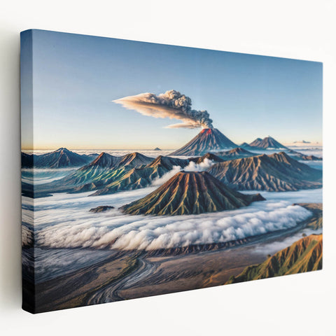 Large art of an Indonesian landscape on stretched canvas, featuring lush greens and earth tones.