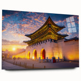 Large abstract wall art of an Asian scenery in vibrant greens and blues on acrylic glass.