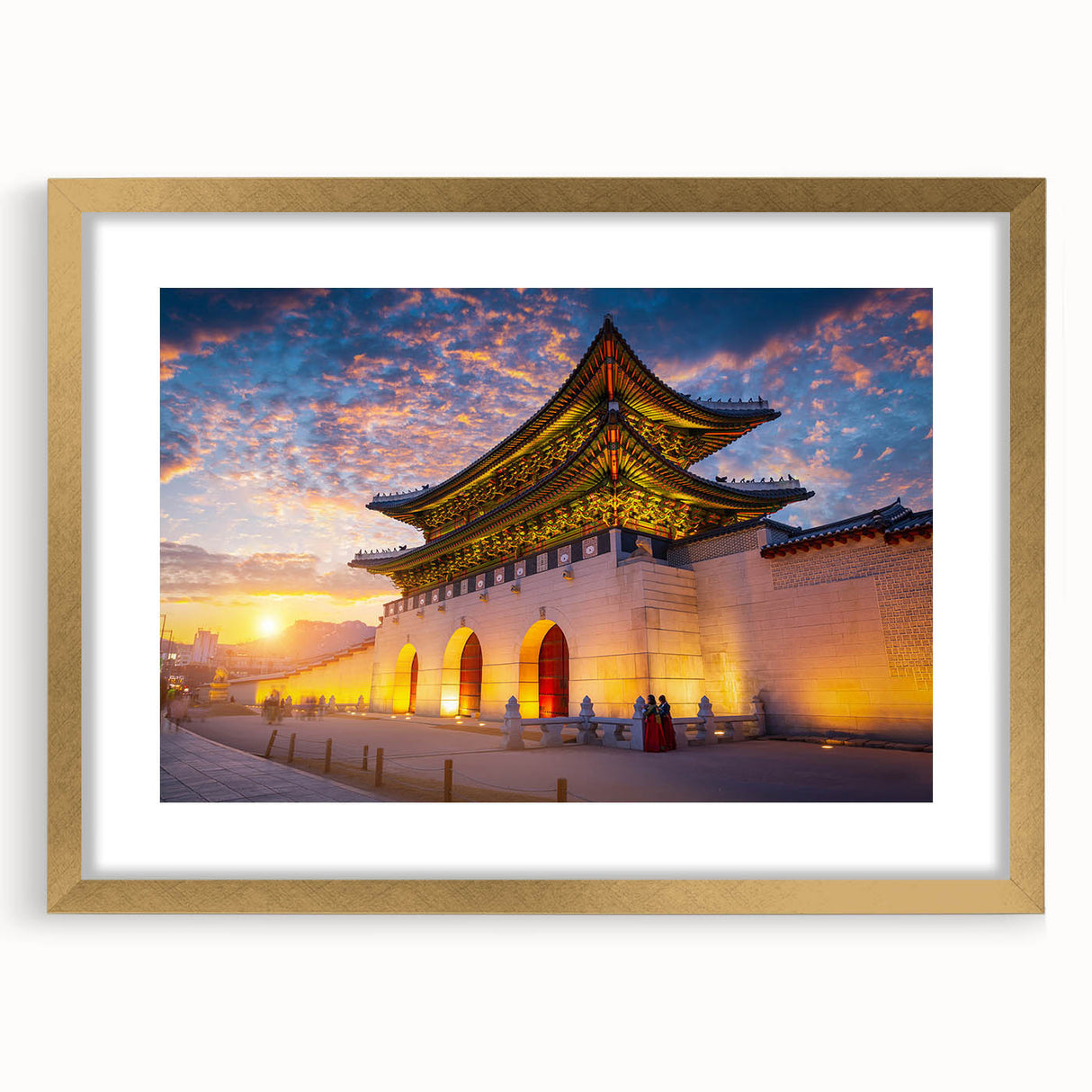 Extra large abstract art print of an Asian landscape in textured gold tones, framed with a mat, ideal for living room decor.