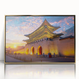 Large art print of a serene Korean landscape in muted green and gold tones, framed in acrylic.