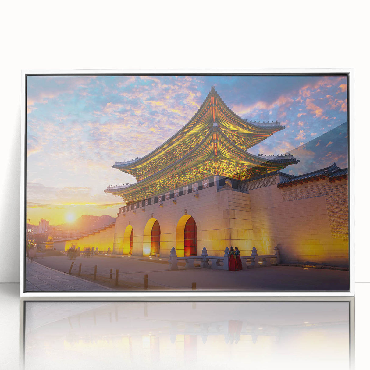 Art deco poster of a serene Korean landscape in muted colors on framed acrylic, ideal for nursery wall art.
