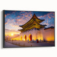 Black and white framed canvas of a vintage Korean landscape, ideal for bedroom wall decor.