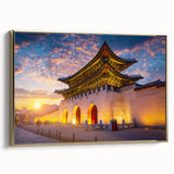 Landscape painting of a serene Korean scenery in muted gold and black tones on a framed canvas, ideal for bedroom wall decor.