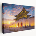 Large canvas print depicting a serene Korean landscape in muted green and blue tones, suitable for kitchen wall art.