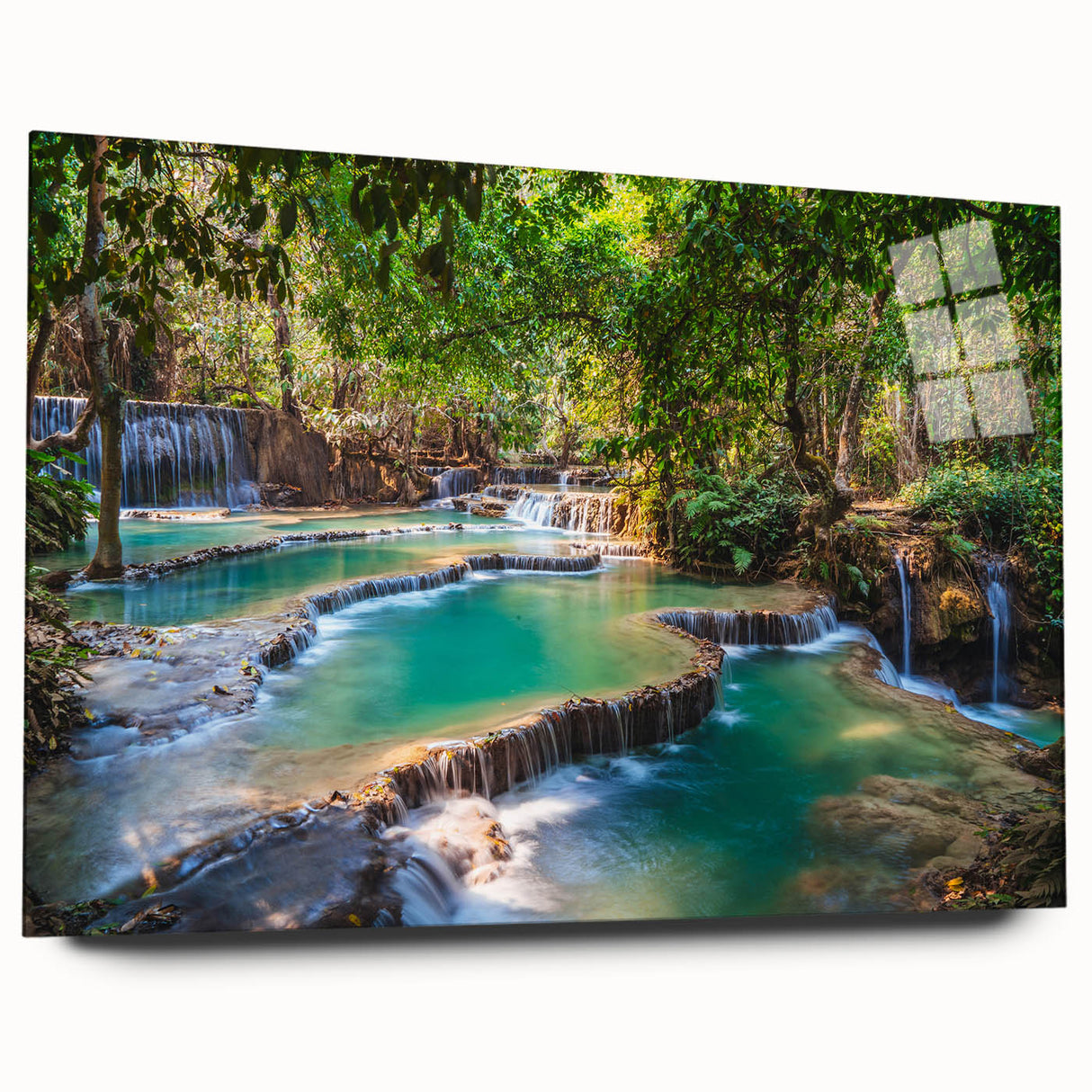 Large abstract wall art depicting a serene Laotian landscape in muted green and blue tones, acrylic glass.