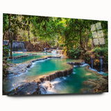 Large abstract wall art depicting a serene Laotian landscape in muted green and blue tones, acrylic glass.