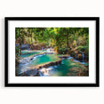 Extra large abstract art print of vibrant, colorful Asian scenery on a textured canvas, framed in black.