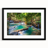 Extra large abstract art print of vibrant, colorful Asian scenery on a textured canvas, framed in black.