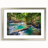 Textured abstract art print depicting a serene Laos scenery in muted earth tones, framed in silver, ideal for bedroom art.