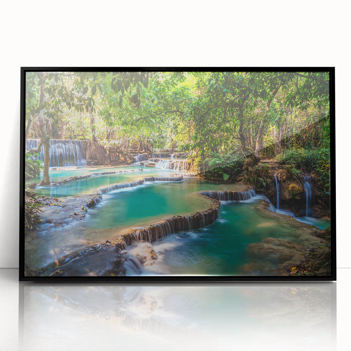 Large abstract wall art depicting a serene Laos landscape in muted earth tones, framed in black acrylic.