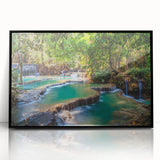 Large abstract wall art depicting a serene Laos landscape in muted earth tones, framed in black acrylic.