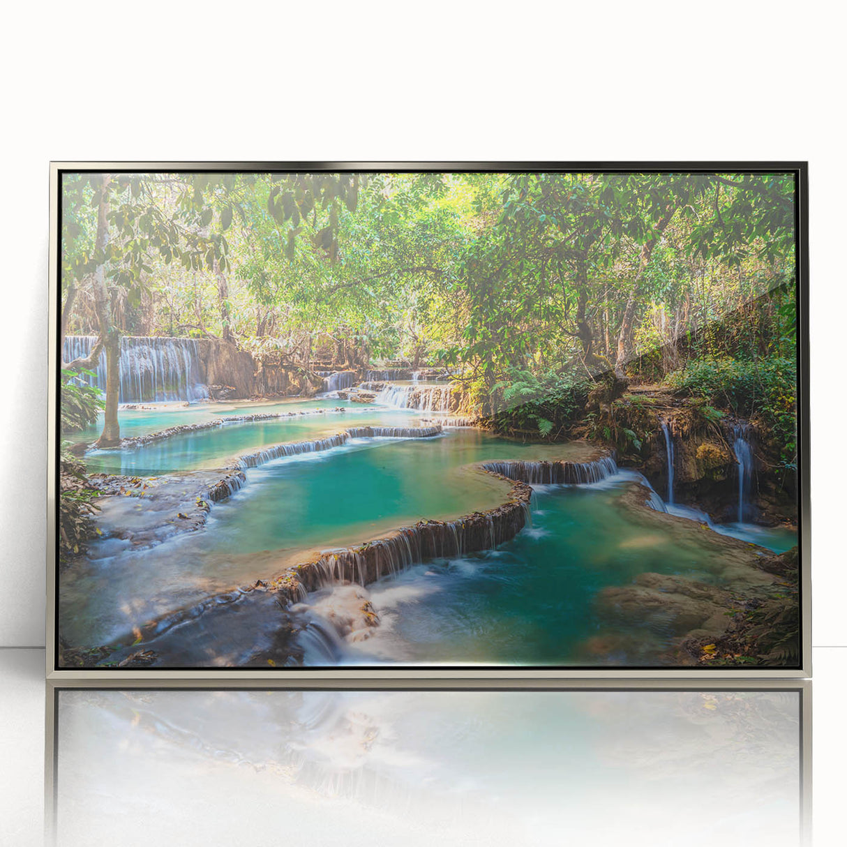 Mid-century modernist art depicting a serene Laos landscape in muted greens and blues on a framed acrylic print.