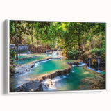 Vintage poster art of a Laos scenery in vibrant colors on a large framed canvas, ideal for living room decor.