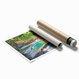Extra large rolled print of a Laos scenery with lush floral elements in vibrant green and blue tones.