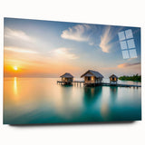 Large abstract wall art of a serene Maldivian seascape in muted blue and green tones on acrylic glass.
