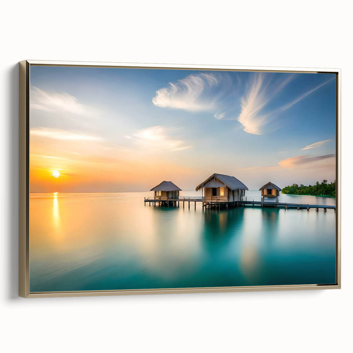 Framed canvas landscape painting of the Maldives with gold accents, ideal for bedroom wall art.