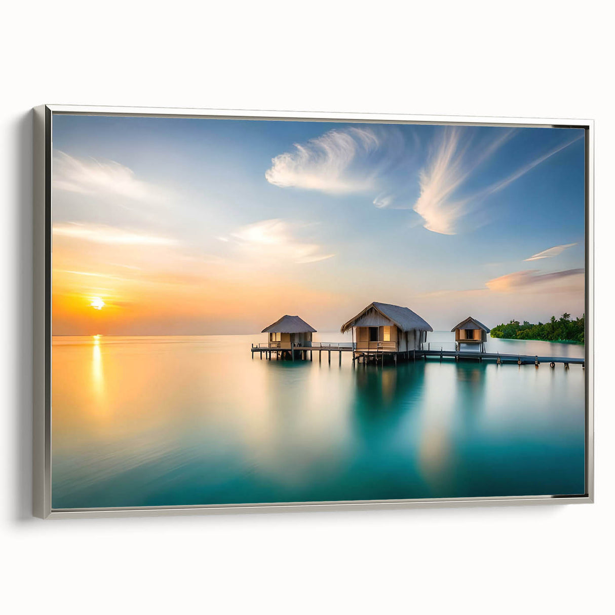 Landscape art painting of Maldivian scenery on silver-framed canvas, featuring vibrant blue and turquoise tones.