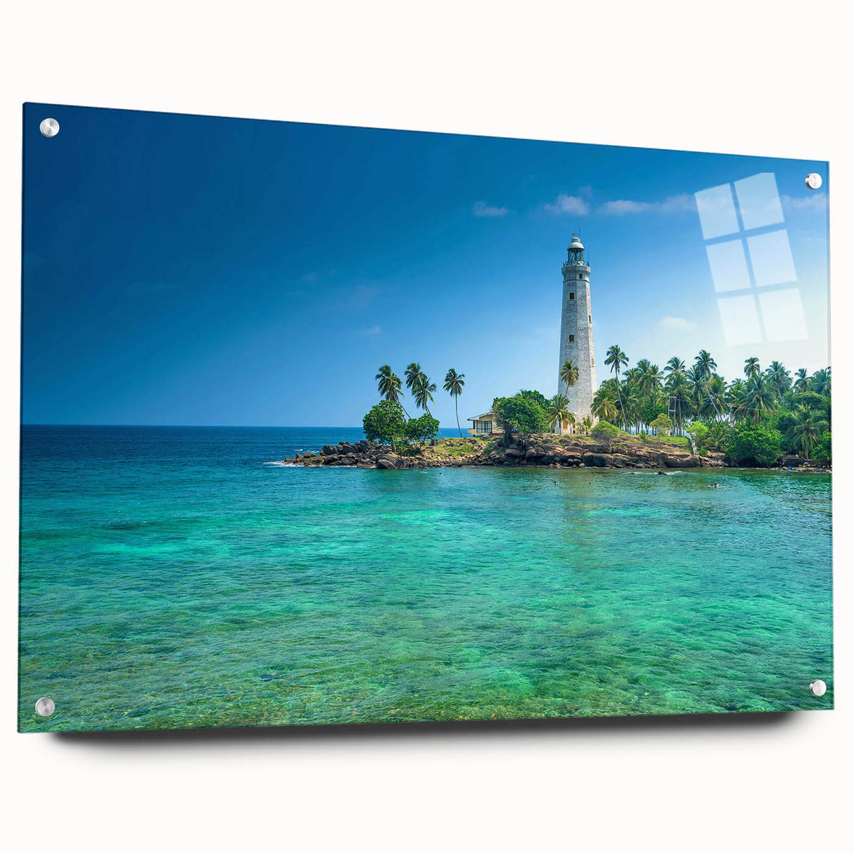 Acrylic print of a serene Sri Lankan landscape in muted green and blue tones, suitable for bedroom or dining room decor.