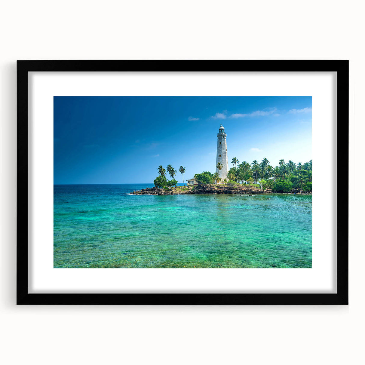 Extra large abstract art print of a colorful Sri Lankan scenery on textured canvas, framed in black.
