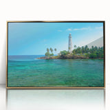 Framed acrylic print of a serene Sri Lankan landscape in soft green and blue tones, suitable for modern art wall decor.