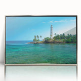 Mid-century modernist art depicting a serene Sri Lankan landscape in soft blue and green tones, framed in acrylic.