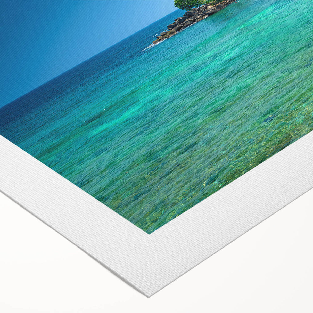 Art deco poster of a serene Sri Lankan landscape in soft green and blue tones on rolled canvas.