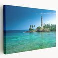 Side view of a stretched canvas featuring a scenic Sri Lankan landscape in vibrant green and blue tones.