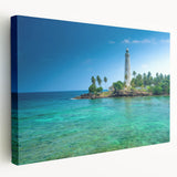 Side view of a stretched canvas featuring a scenic Sri Lankan landscape in vibrant green and blue tones.